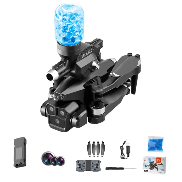 XKJ K11 MAX Drone Pieghevole Brushless a 3 Lenti Optical Flow RC Aircraft Aerial Photo Quadcopter Toy con Lanciatore d'Acqua, Singola Batteria - Nero