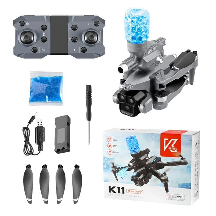 XKJ K11 MAX Folding Brushless Drone 3-Len Optical Flow RC Aircraft Aerial Photo Quadcopter Toy with Water Blaster Launch, Single Battery - Black