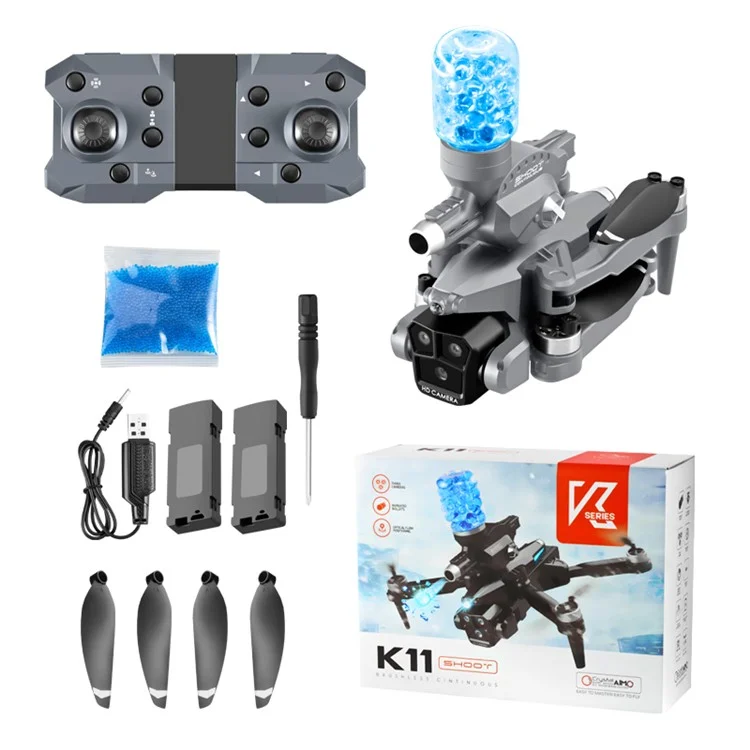 XKJ K11 MAX Aerial Photo Brushless RC Drone 3-Len Optical Flow Folding Aircraft Water Blaster Launch Quadcopter Toy, 2 Batteries - Black