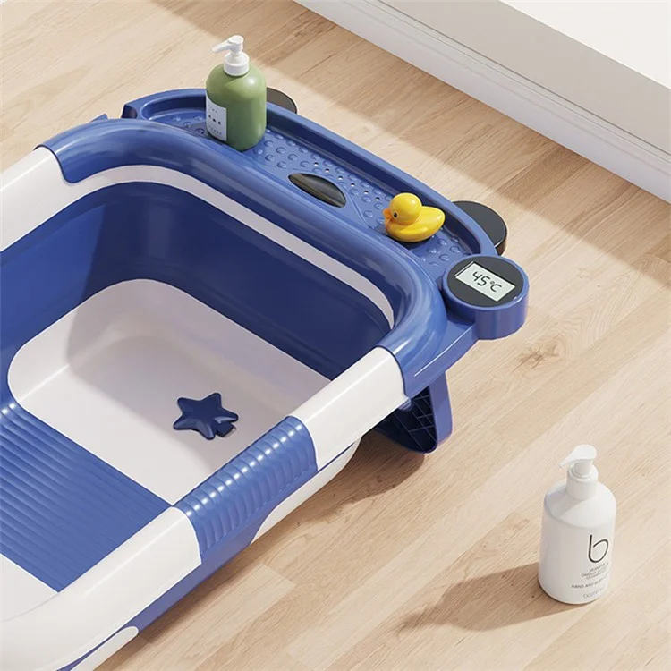 RJ307 Collapsible TPE+PP Infant Baby Bath Tub with Thermometer for Newborn Toddler - Blue