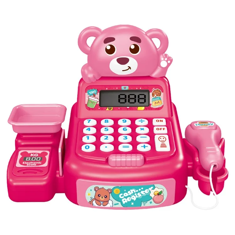 Kids Toy Cash Register Playset Pretend Children Supermarket Checkout Toy for Toddlers - JJT821 Pink Bear