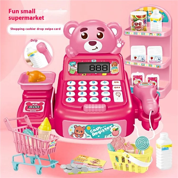 Kids Toy Cash Register Playset Pretend Children Supermarket Checkout Toy for Toddlers - JJT821 Pink Bear