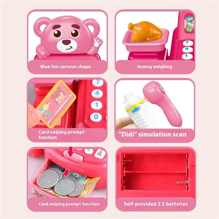 Kids Toy Cash Register Playset Pretend Children Supermarket Checkout Toy for Toddlers - JJT821 Pink Bear