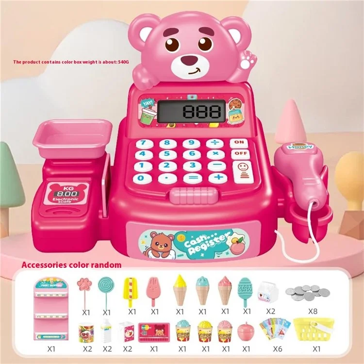 Kids Toy Cash Register Playset Pretend Children Supermarket Checkout Toy for Toddlers - JJT821 Pink Bear