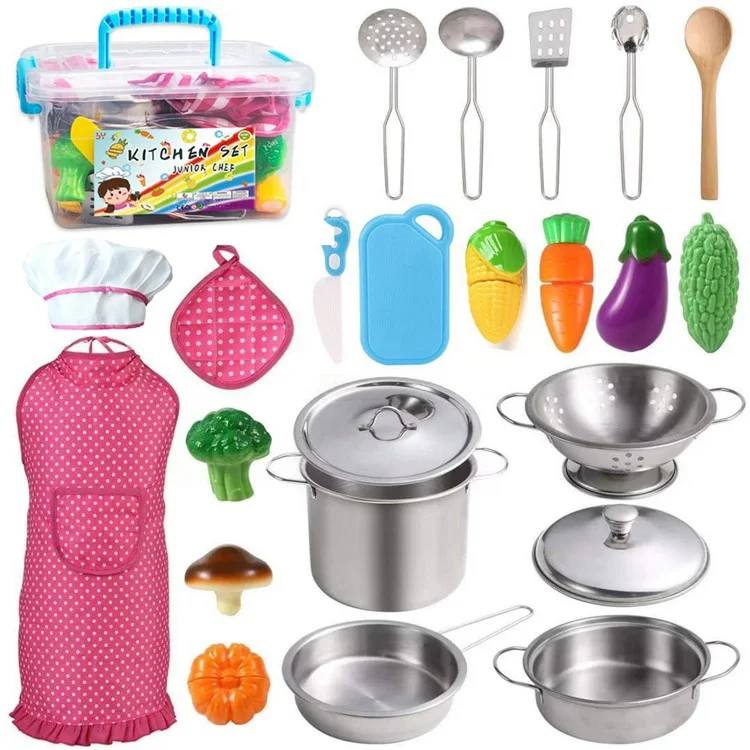 Kids Kitchen Playset 23Pcs Stainless Steel Mini Utensils Cutting Toys Cookware Set Role Play Chef Accessories
