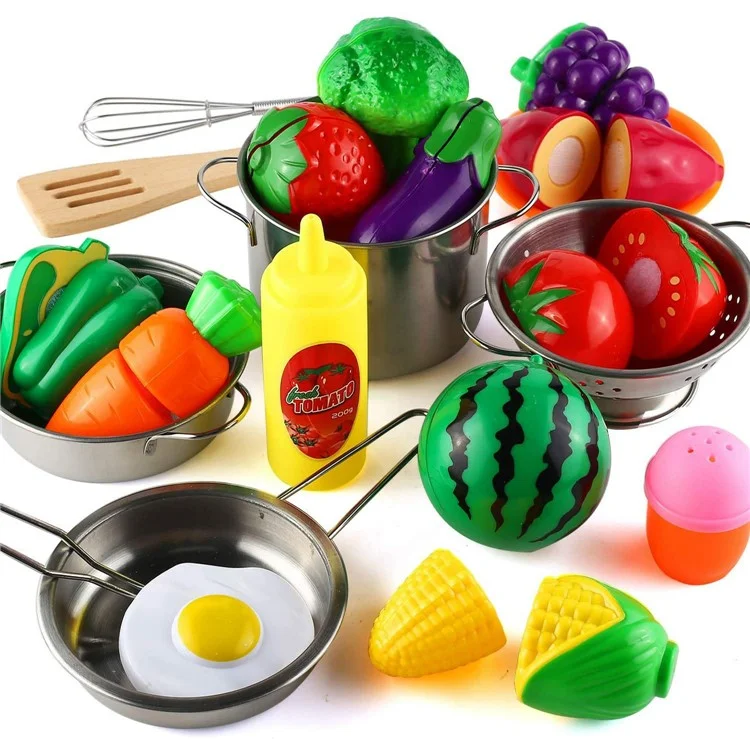 Kids Kitchen Playset 23Pcs Stainless Steel Mini Utensils Cutting Toys Cookware Set Role Play Chef Accessories