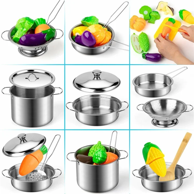 Kids Kitchen Playset 23Pcs Stainless Steel Mini Utensils Cutting Toys Cookware Set Role Play Chef Accessories