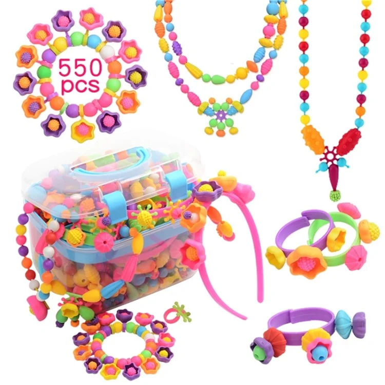 550Pcs ABS Pop Beads DIY Jewelry Making Kit Girls Educational Toy Bracelet Necklace Creative Craft Set - Pink Box