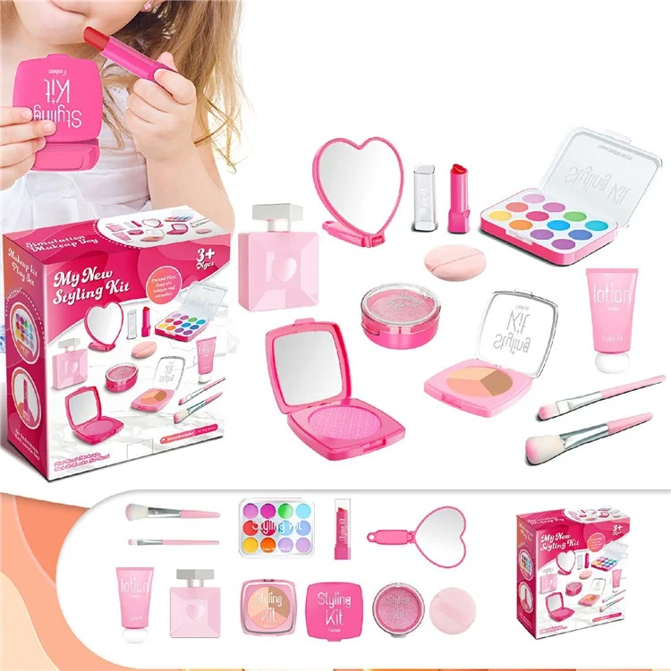 Juego de Maquillaje para Niños de 11 Piezas - Kit de Cosmética de Juguete para Juego de Roles con Accesorios de Belleza - Rosa