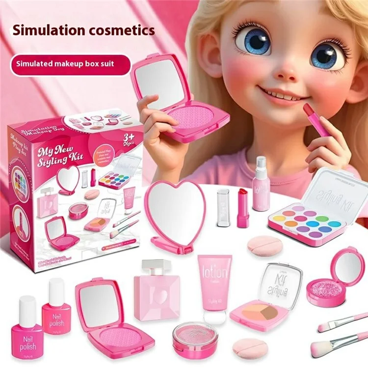 Juego de Maquillaje para Niños de 11 Piezas - Kit de Cosmética de Juguete para Juego de Roles con Accesorios de Belleza - Rosa