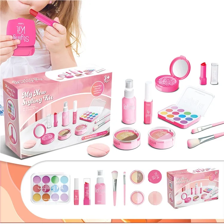 Kit de Maquillage de Jeu d'Imitation pour Enfants 10 Pièces Jouets Cosmétiques pour Filles Jeu de Rôle Trousse de Beauté - Rose