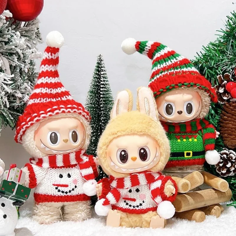 Christmas Doll Outfit Set for 17cm Gen 1  /  2 Figures Knitted Sweater Clothes with Hat  /  Sweater  /  Scarf (No Doll) - Red  /  Green