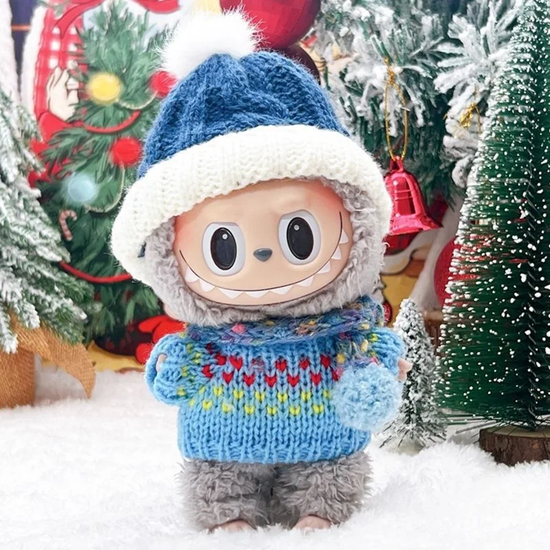 Doll Clothes Set for 17cm 1st  /  2nd  /  3rd Figures Winter Christmas Outfit with Sweater  /  Hat  /  Scarf (No Doll) - Blue