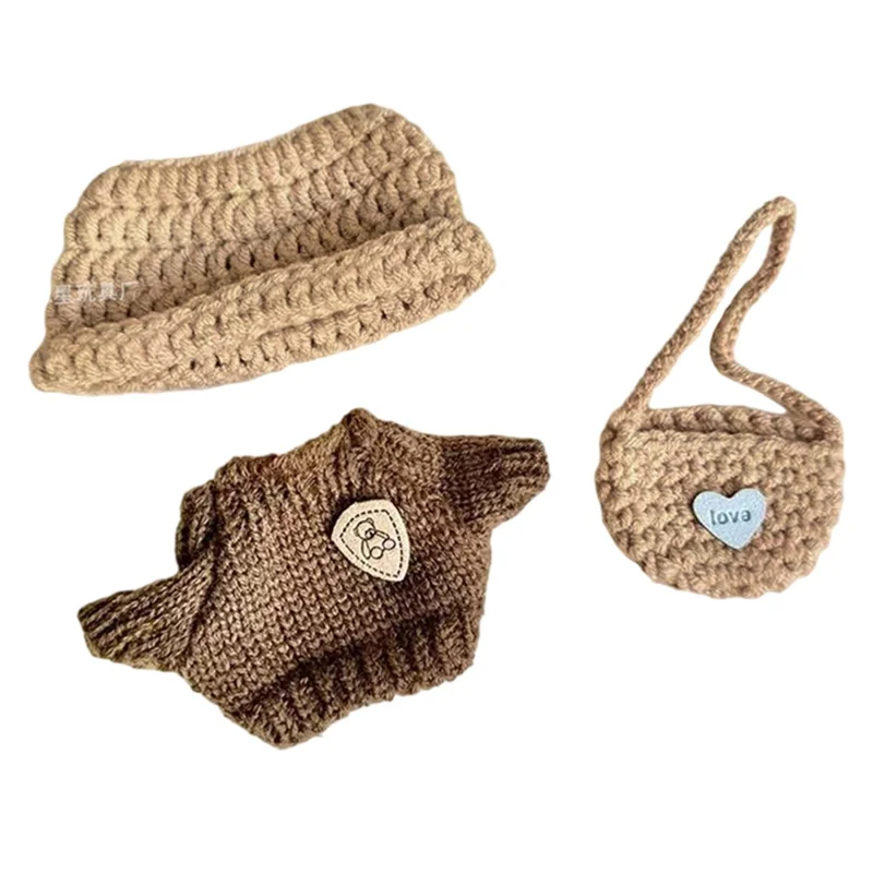 Dukketøjssæt med strikket trøje / hat / taske til 17 cm vinylfigurer, dukketillbehør (uden dukke) - Khaki