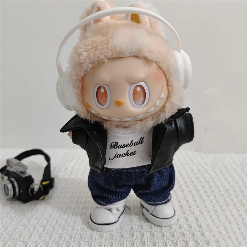 3Pcs / Set For Labubu Gen 1  /  2  /  3 17cm Collectible Figurines T Shirt + Jacket + Jeans Mini Doll Changeable Costume