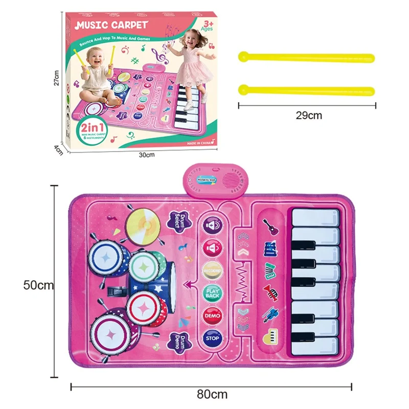 6612 3 in 1 Kids Musical Dance Mat Piano Drum Play Mat Educational Toy for Early Learning - Pink