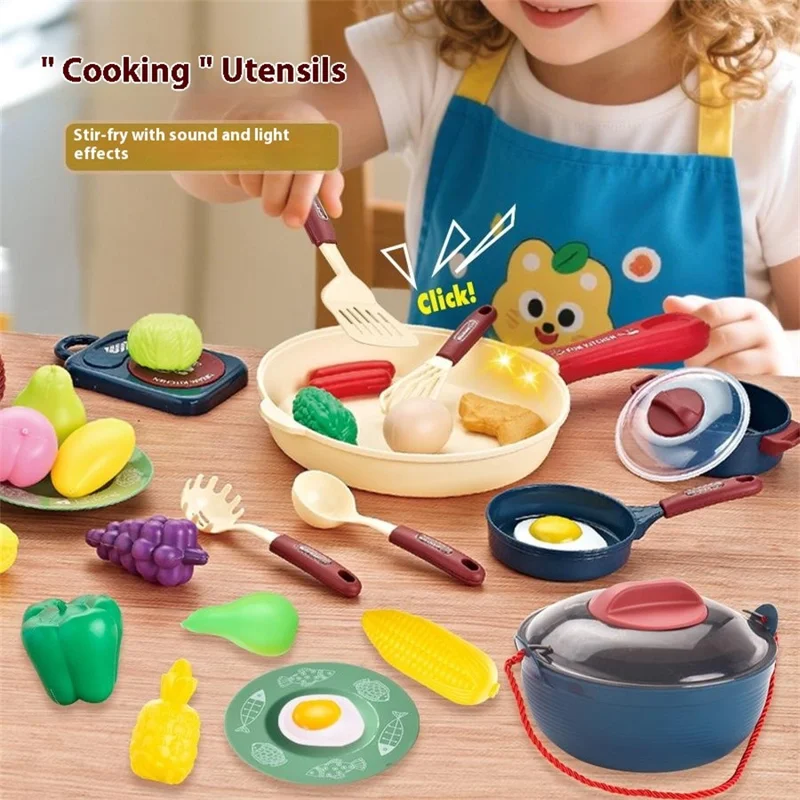 7718 28Pcs Children Play Kitchen Set Pretend Cooking Toy with Light / Sound Effects Educational Learning Toy - Blue