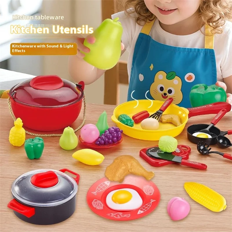 7718 28Pcs Children Play Kitchen Set Pretend Cooking Toy with Light / Sound Effects Educational Learning Toy - Blue