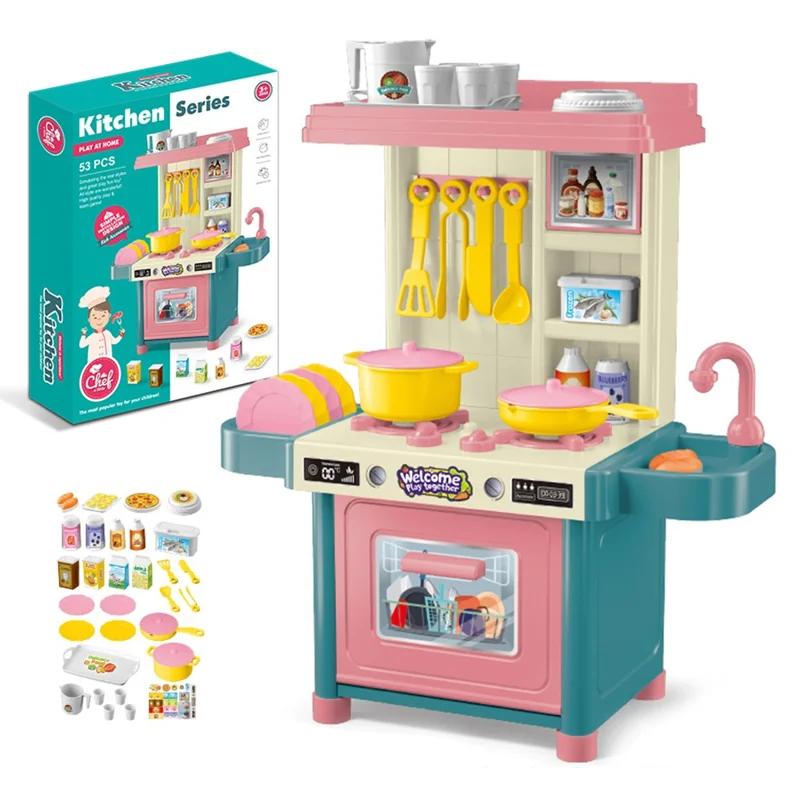 53Pcs Children Play Kitchen Set Pretend Cooking Toys Utensils Assembly Kit for Girls, Random Color