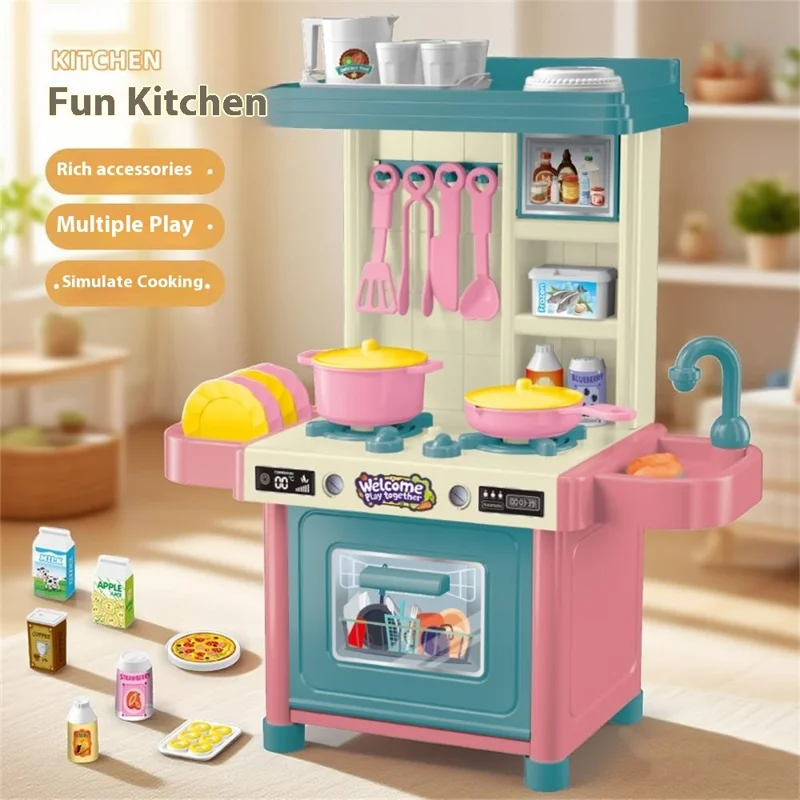 53Pcs Children Play Kitchen Set Pretend Cooking Toys Utensils Assembly Kit for Girls, Random Color