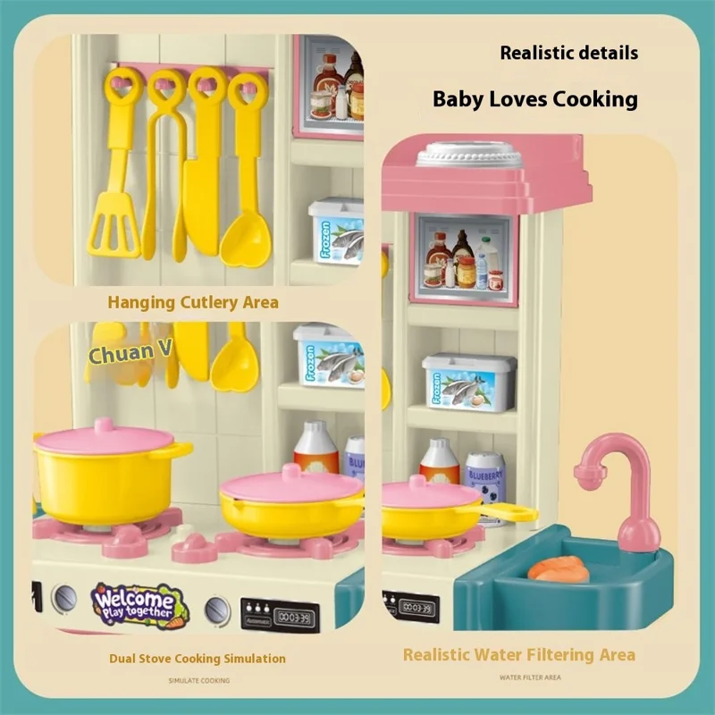 53Pcs Children Play Kitchen Set Pretend Cooking Toys Utensils Assembly Kit for Girls, Random Color