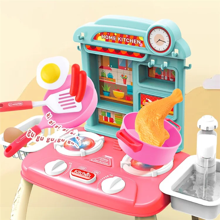 7709-7C Children Happy Kitchen Play House Toy Simulation Water Sink Stove Toy Set with Light Music - Pink