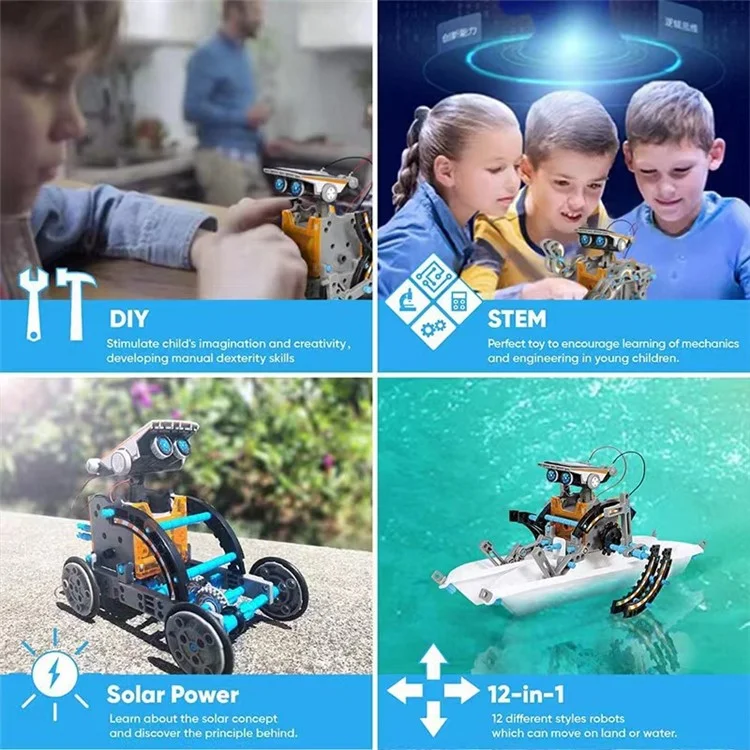 Solar Powered DIY Science Experiment Kit 13 in 1 Educational Robot Car Assembly Toy with Battery Compartment - Grey