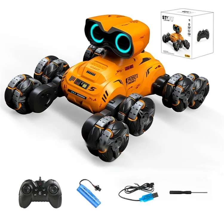 YT6639 Carro Robô de Controle Remoto com 8 Rodas, Luz LED e Música - Brinquedo Infantil Amarelo