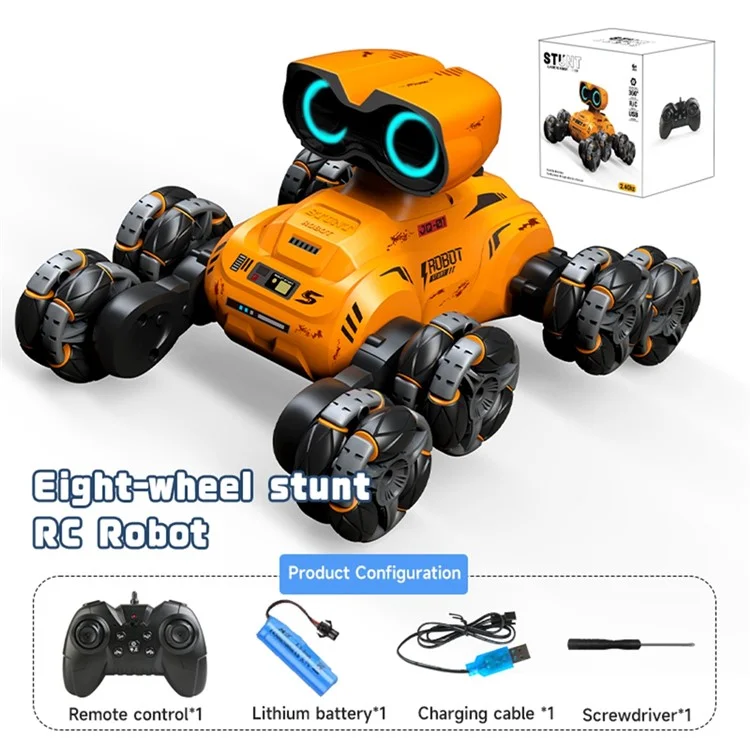 YT6639 Carro Robô de Controle Remoto com 8 Rodas, Luz LED e Música - Brinquedo Infantil Amarelo
