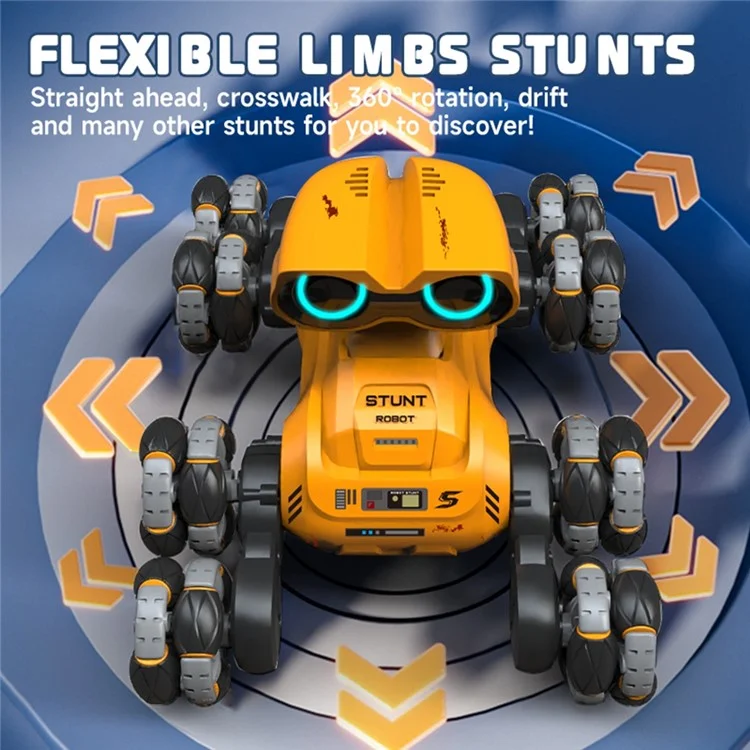 YT6639 Carro Robô de Controle Remoto com 8 Rodas, Luz LED e Música - Brinquedo Infantil Amarelo