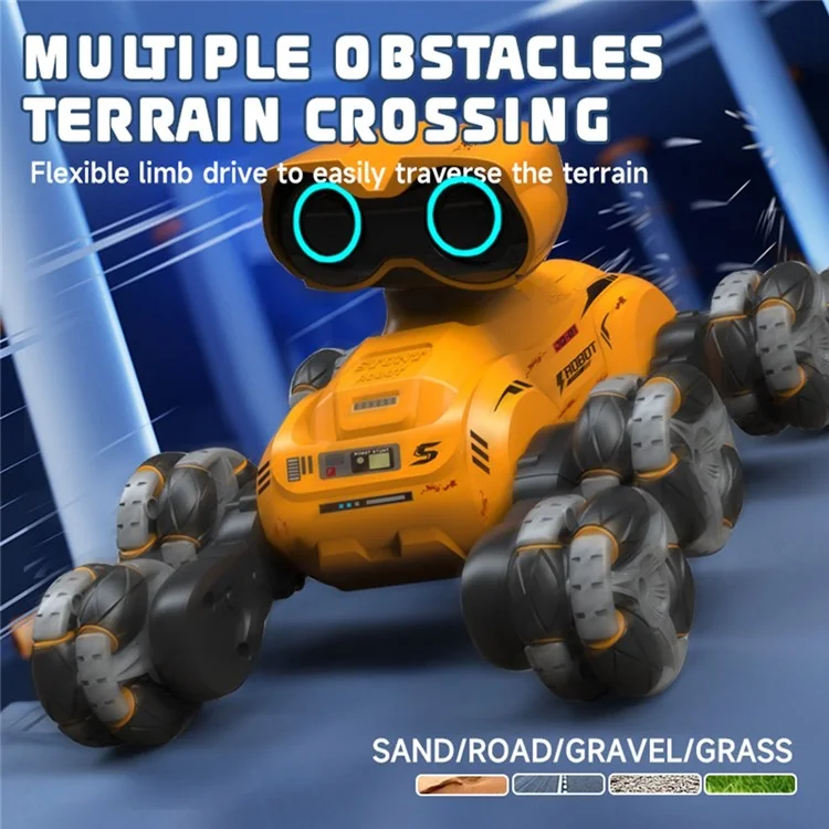 YT6639 Carro Robô de Controle Remoto com 8 Rodas, Luz LED e Música - Brinquedo Infantil Amarelo
