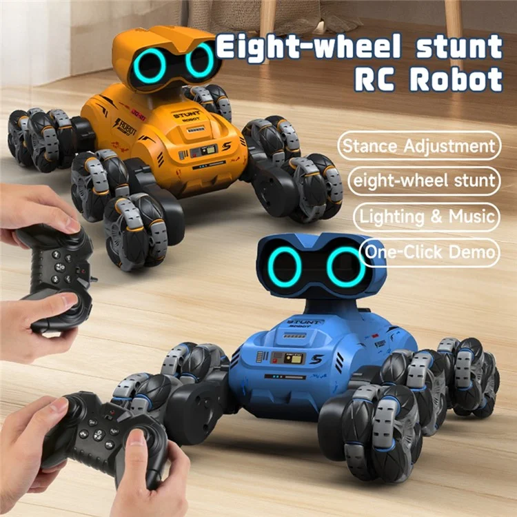 YT6639 Carro Robô de Controle Remoto com 8 Rodas, Luz LED e Música - Brinquedo Infantil Amarelo