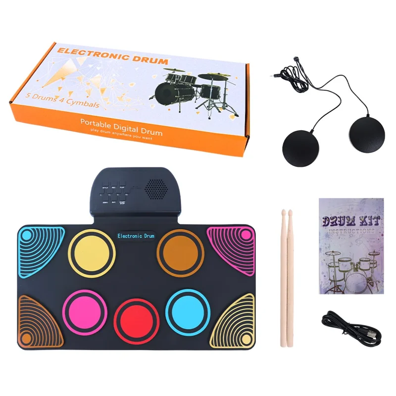 HQC6 Tambour Électronique Portable à Enrouler avec Haut-Parleur Intégré et Baguettes pour Enfants - Multicolore