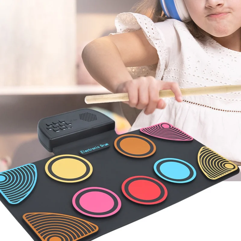 HQC6 Tambour Électronique Portable à Enrouler avec Haut-Parleur Intégré et Baguettes pour Enfants - Multicolore