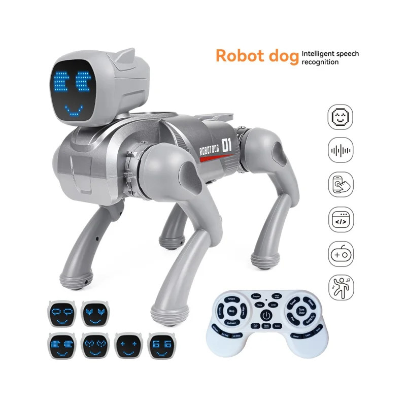 Fjärrkontrollerad 2,4G Smart interaktiv robot Hund App / Röststyrd programmerbar leksaksgåva med uttrycksbelysning - Grå
