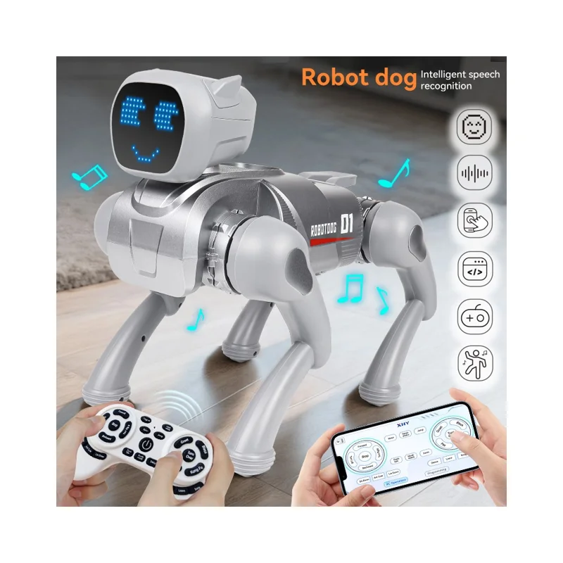 Fjärrkontrollerad 2,4G Smart interaktiv robot Hund App / Röststyrd programmerbar leksaksgåva med uttrycksbelysning - Grå