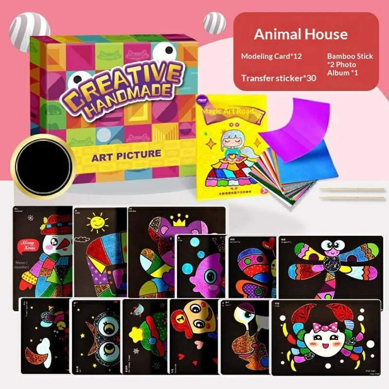 DIY Cartoon Magic Transfer Painting Toy for Kids Scratch Art Craft with 2 Bamboo Sticks - Animals