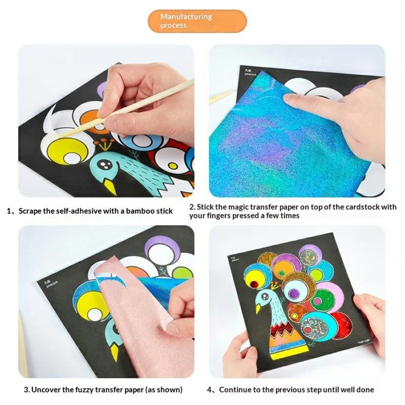 DIY Cartoon Magic Transfer Painting Toy for Kids Scratch Art Craft with 2 Bamboo Sticks - Animals