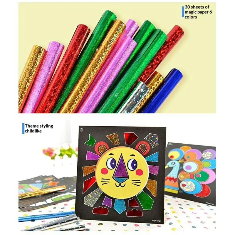 DIY Cartoon Magic Transfer Painting Toy for Kids Scratch Art Craft with 2 Bamboo Sticks - Animals