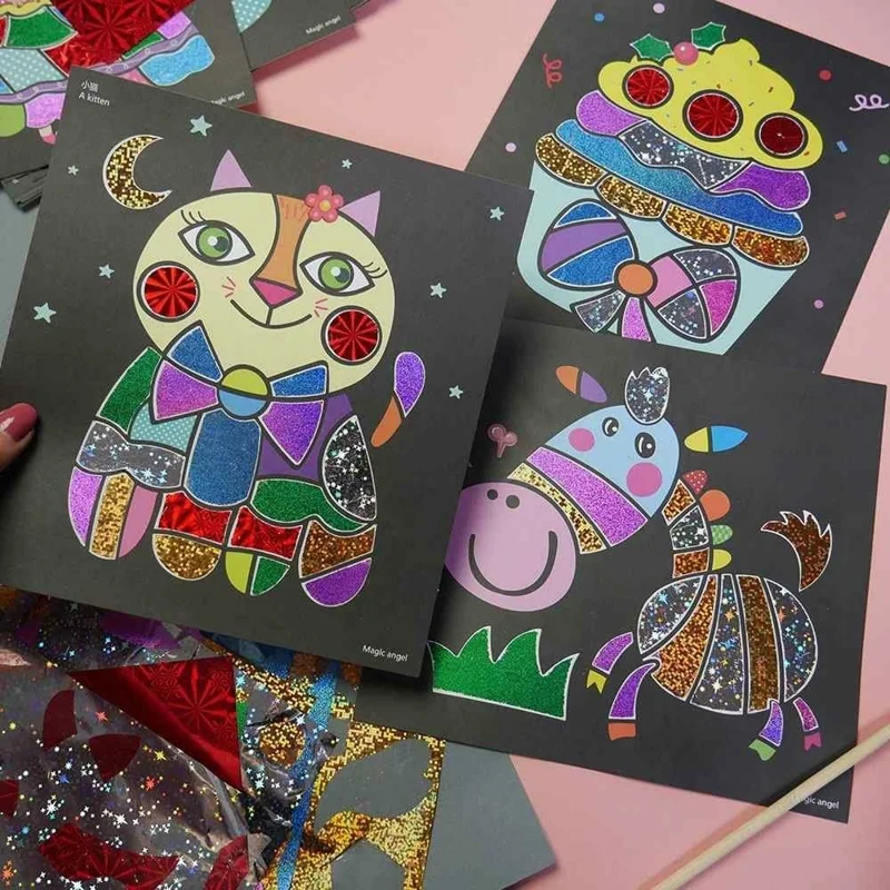 DIY Cartoon Magic Transfer Painting Toy for Kids Scratch Art Craft with 2 Bamboo Sticks - Animals