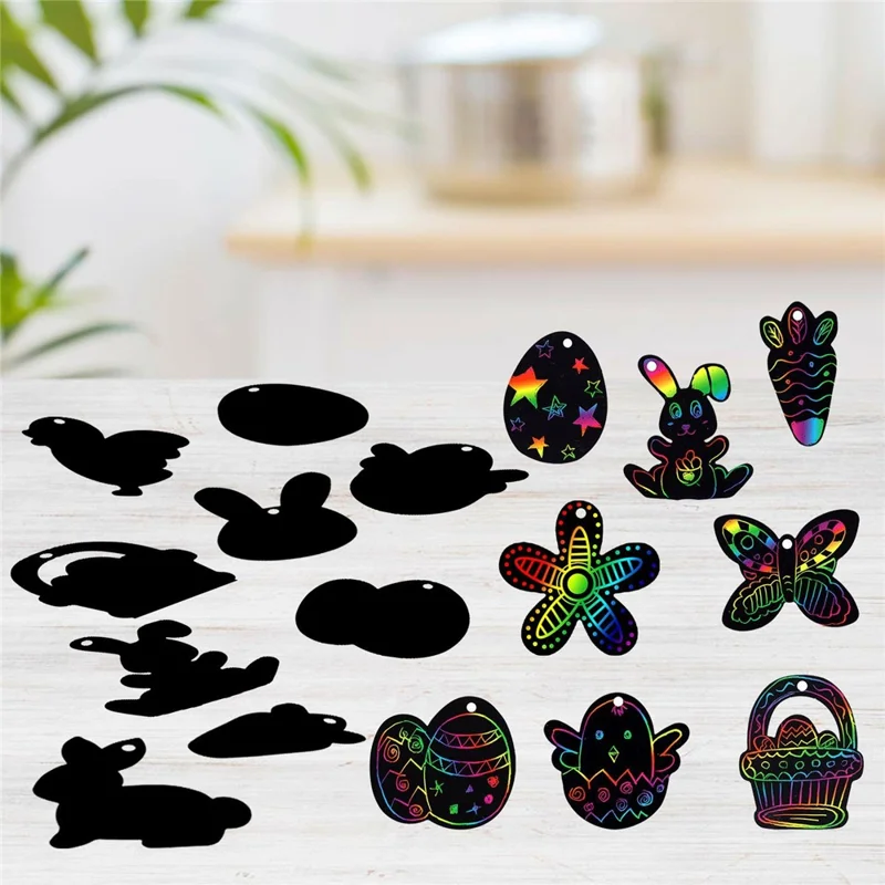 Conjunto de Arte de Riscar da Páscoa 24 Peças para Crianças, Coelhinho, Cenoura, Ovo, Pintura Mágica Arco-Íris, Artesanato Criativo da Páscoa - Estilo 4