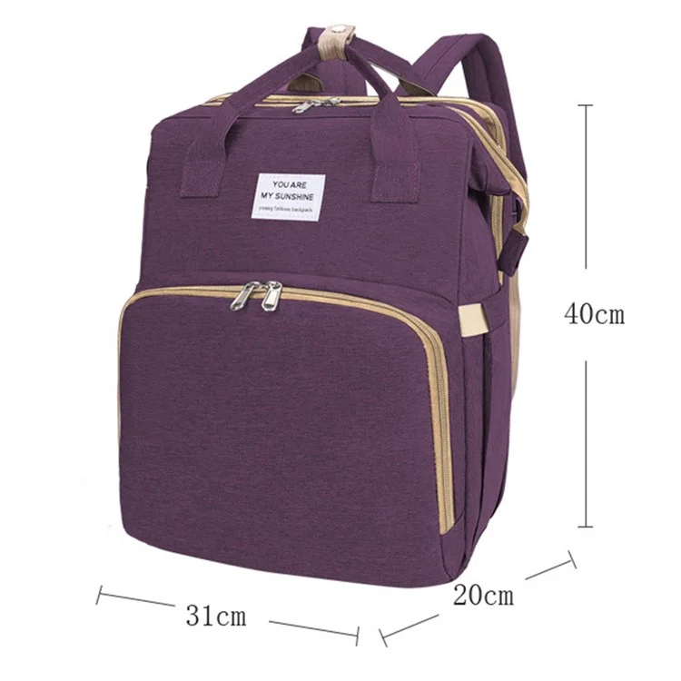 2006 Portable Outdoor Diaper Backpack Waterproof Mommy Maternity Bag Nappy Milk Bottle Carrying Bag with Folding Bed / Hook - Purple