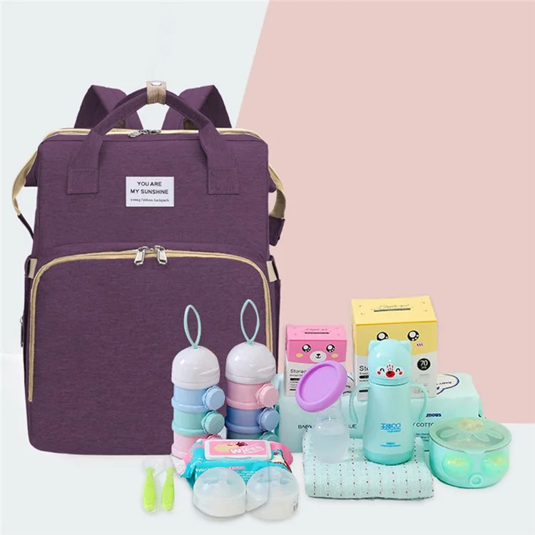 2006 Portable Outdoor Diaper Backpack Waterproof Mommy Maternity Bag Nappy Milk Bottle Carrying Bag with Folding Bed / Hook - Purple