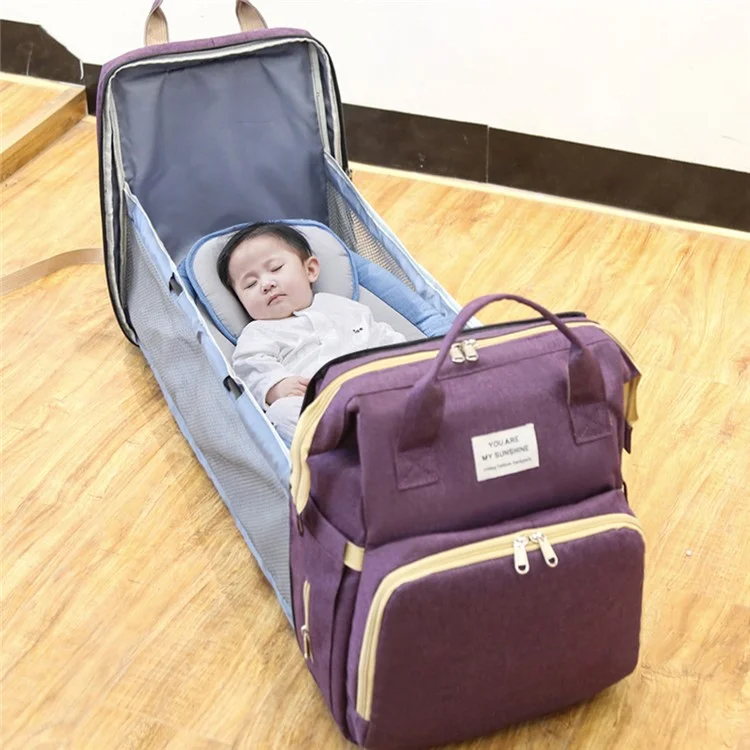 2006 Portable Outdoor Diaper Backpack Waterproof Mommy Maternity Bag Nappy Milk Bottle Carrying Bag with Folding Bed / Hook - Purple