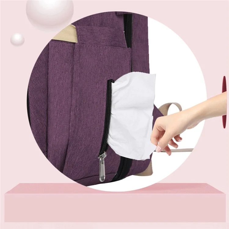 2006 Portable Outdoor Diaper Backpack Waterproof Mommy Maternity Bag Nappy Milk Bottle Carrying Bag with Folding Bed / Hook - Purple