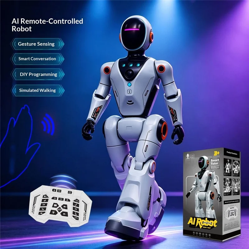 BG1549 Intelligenter Roboter-Spielzeug-Stimmduelle mit Gestensteuerung, Fernbedienung, Sprech- und Tanzeinheiten, 2,4G-Interaktiver Roboter für Kinder, Früherziehung - Hellgrau+Blau