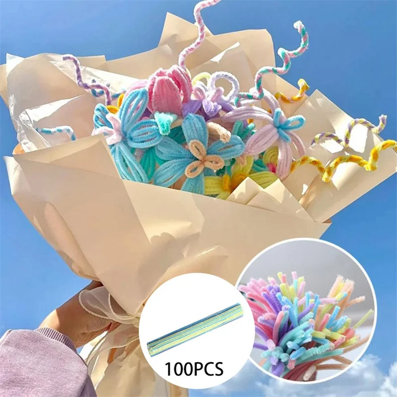 MT-2 100Pcs / Set Macaron Color Polyester + Iron Wire Stem DIY Art Handmade Craft Decoration Twist Stick (Bulk Sourcing)