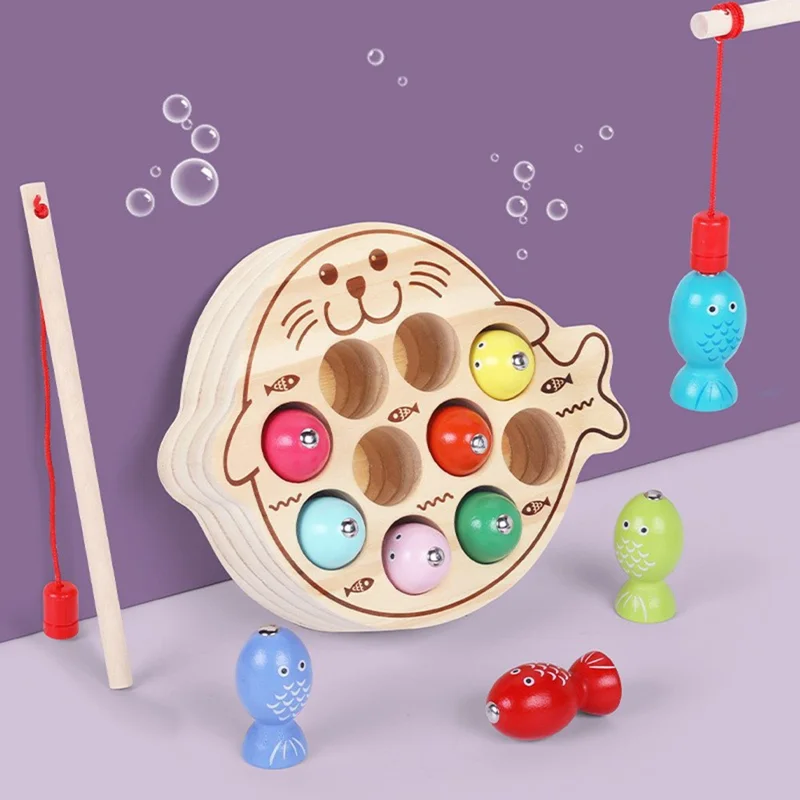 Children Magnetic Wooden Fishing Toy Cute Animal Shape Kids Fishing Attention Training Toy - Seal