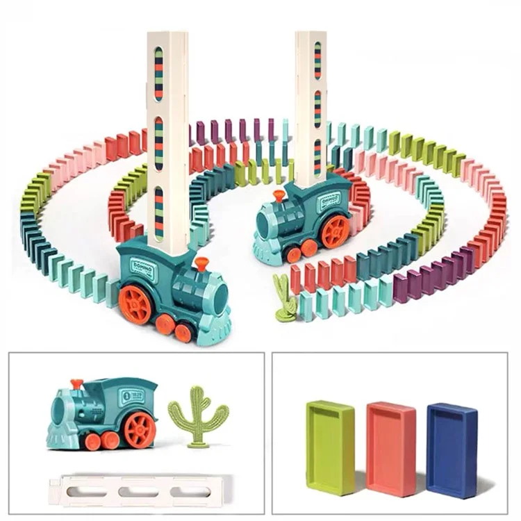 Blocos Dominó Automáticos com Luz LED, Efeitos Sonoros e Trem Elétrico - Brinquedo Infantil com 60 Dominós - Azul
