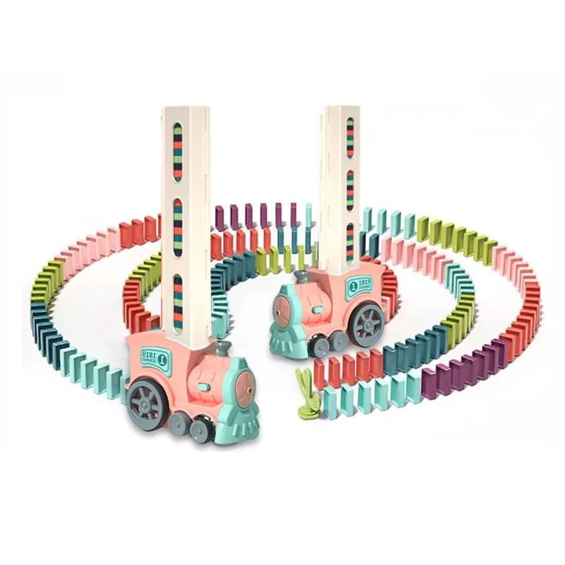Automatic Laying Domino Blocks LED Light Sound Effects Electric Train Children Toy with 60 Dominoes - Pink